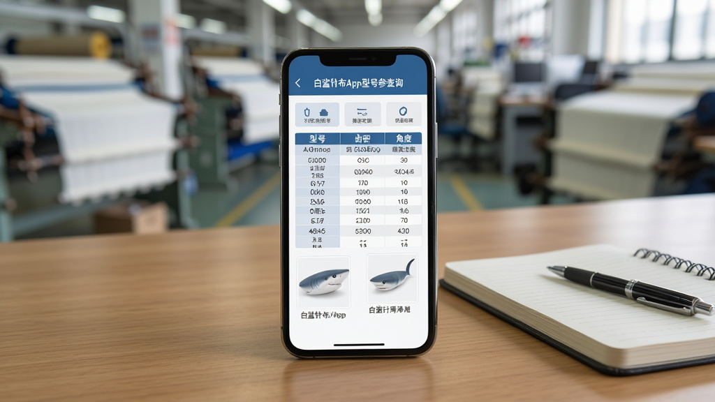 白鲨针布App型号参数查询页面风格图片,画面展示手机屏幕上的参数表格和产品缩略图,表格中包含型号、齿密、角度等列,手机放置在纺织厂办公室桌面上,旁边有笔记本和笔,背景虚化处理突出手机主体,风格真实自然,细节表现屏幕文字清晰可读,画质高清,干净无多余元素