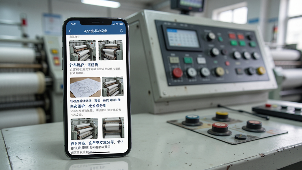 白鲨针布App技术知识库页面风格图片,画面为手机屏幕显示多篇技术文章列表,文章标题涉及针布维护和疵点分析,手机摆放在纺织车间控制室的操作台上,背景有纺织机械的控制面板,整体风格专业实用,细节展示文章配图和标题文字,画质清晰,干净无多余元素