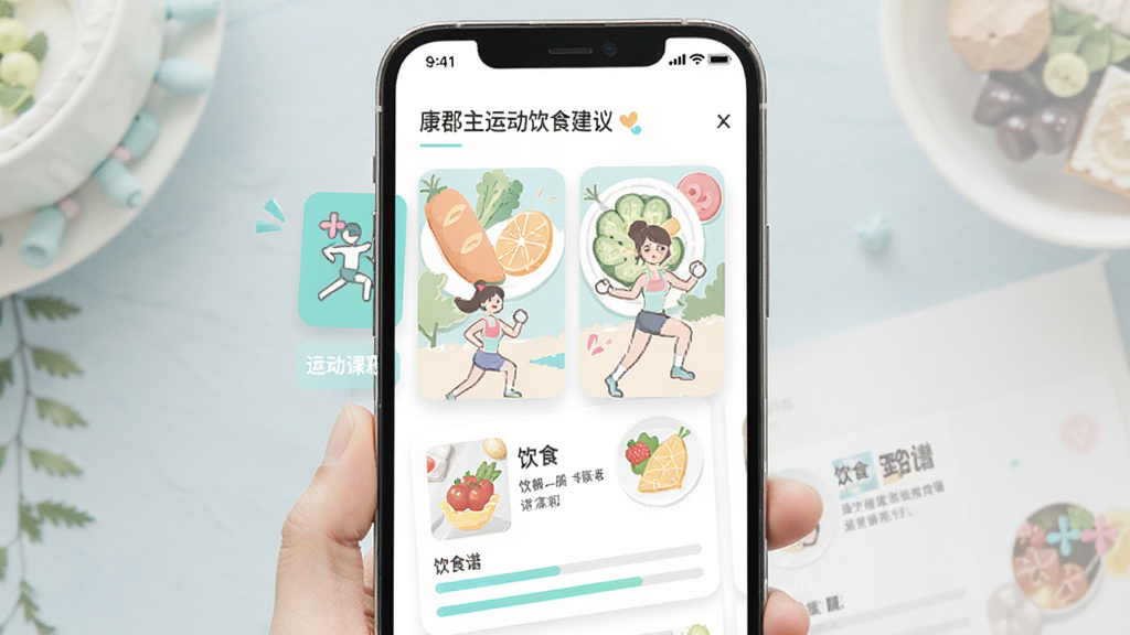 来康郡主运动饮食建议页面,主体为手机屏幕展示运动课程卡片和饮食食谱列表,布局为网格排列,排版活泼,风格为清新活力风,细节包括运动图标、食物插画、进度条,画质高清,干净,无多余元素