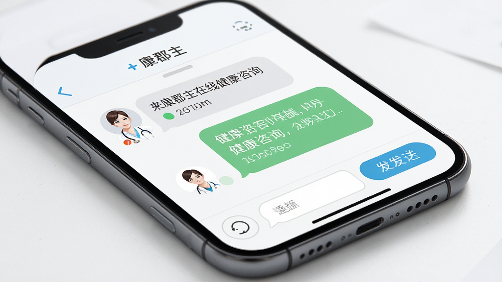 来康郡主在线健康咨询界面,主体为手机聊天窗口显示医生与用户的对话气泡,布局为上下结构,排版简洁,风格为清爽医疗风,细节包括医生头像、在线状态标识、发送按钮,画质高清,干净,无多余元素
