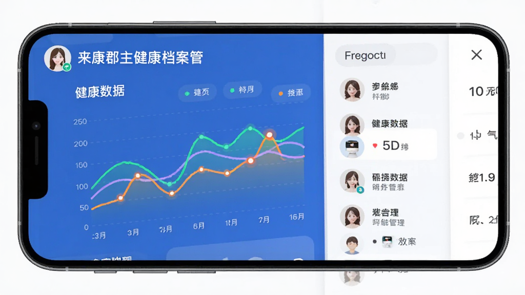 来康郡主健康档案管理功能界面,主体为手机屏幕显示健康数据图表和档案列表,布局采用分栏设计,排版清晰整齐,风格为扁平化科技感,细节包括彩色数据曲线、用户头像图标,画质高清,干净,无多余元素