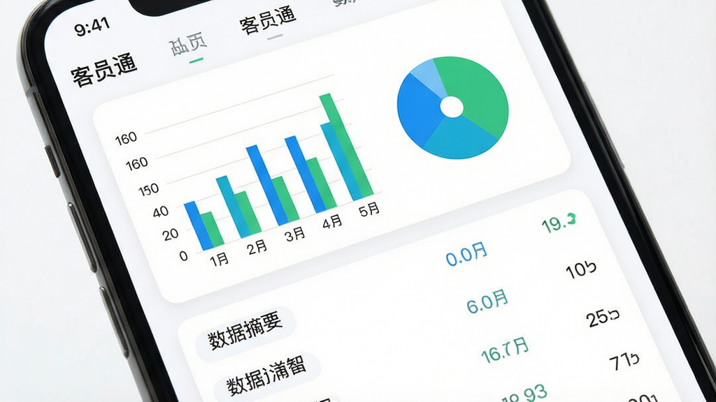 手机屏幕展示“客员通”数据统计页面,包含柱状图与饼图,图表下方有数据摘要文字,背景为白色,布局为上下结构,上方图表下方列表,风格清爽素雅,细节包括蓝色与绿色图表色块、清晰坐标轴、圆角卡片,画质高清,干净,无多余元素