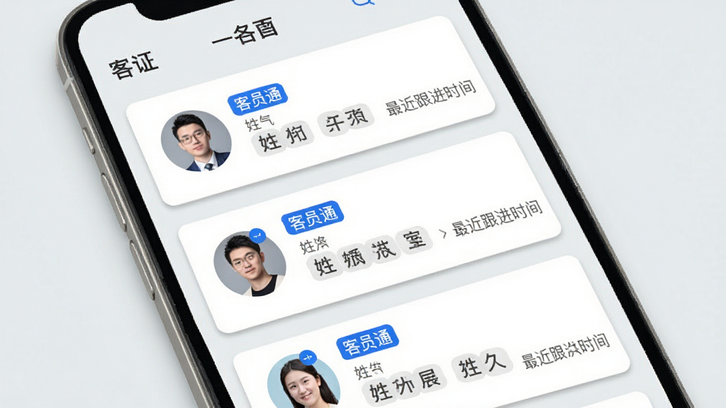 手机界面展示“客员通”客户信息卡片列表,每张卡片包含头像、姓名、标签与最近跟进时间,背景为浅灰色,布局为纵向列表,风格清新简约,细节包括蓝色标签、白色卡片、轻微阴影,画质清晰,干净,无多余元素