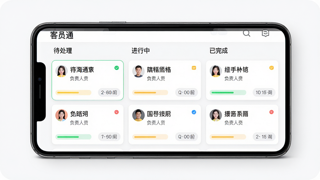 手机屏幕显示“客员通”任务看板界面,分为待处理、进行中、已完成三列,每列包含若干任务卡片,卡片上有标题、负责人与时间标签,背景为白色,布局为横向分栏结构,风格现代商务,细节包括彩色状态条、圆形头像、简洁图标,画质高清,干净,无多余元素