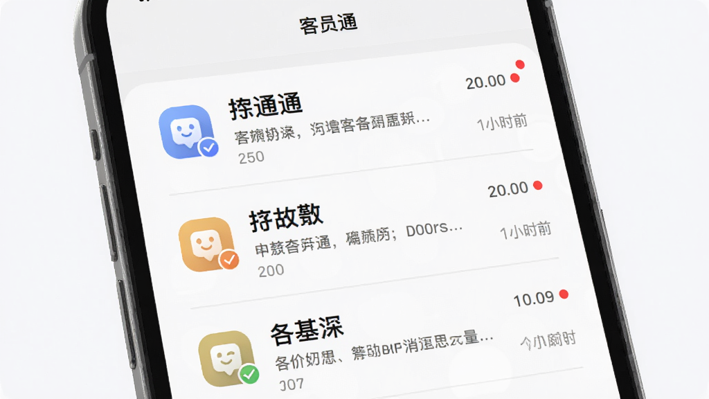 手机界面展示“客员通”消息通知列表,每条通知包含图标、标题、摘要与时间,背景为浅色,布局为纵向列表,风格柔和圆角,细节包括红色未读圆点、灰色分割线、简洁排版,画质清晰,干净,无多余元素