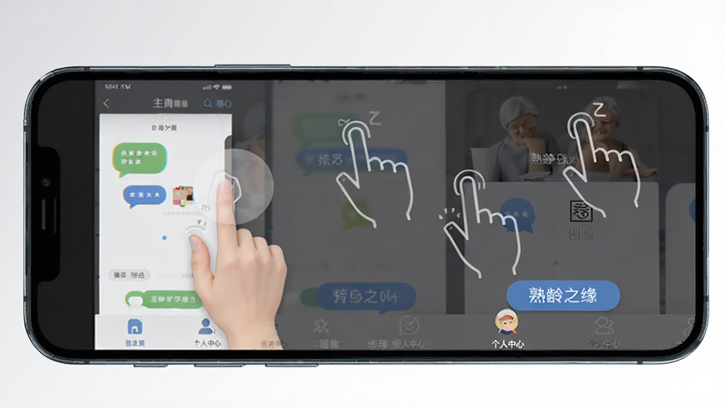 熟龄之缘移动端使用操作示意图,画面展示一部手机屏幕中应用主界面和操作手指图标,背景为浅灰色到白色的简洁渐变,布局清晰展示操作步骤,风格扁平化设计,细节包含聊天、圈子、个人中心等图标,画质高清干净,无多余元素