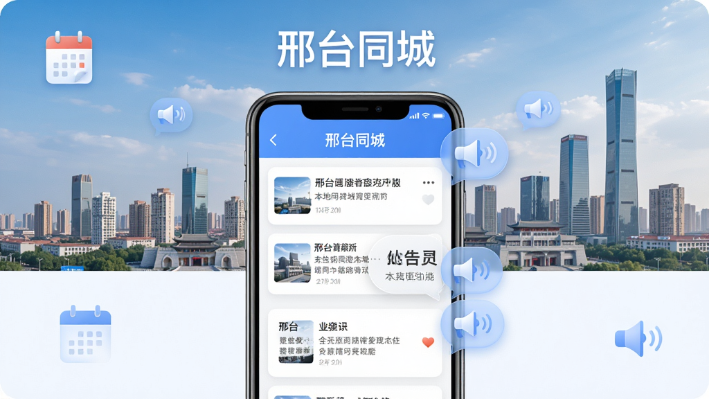 一张以“邢台同城”本地资讯功能为主题的AI生图,画面中央是手机屏幕展示新闻列表和公告卡片,背景为邢台城市天际线,布局采用上下分层结构,风格为清爽科技风,细节包含日历图标、喇叭图标和推送气泡,画质高清,干净,无多余元素