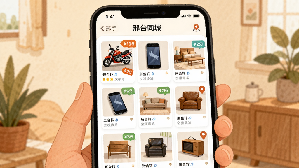 一幅展示“邢台同城”二手交易场景的AI生图,主体为手机屏幕显示二手商品列表,包含摩托车、手机、家具等缩略图,布局为网格卡片式排列,风格为温暖生活化插画,细节有价格标签、聊天气泡和定位图标,画质清晰,干净,无多余元素