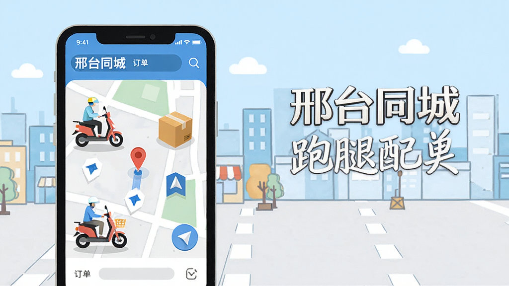 一张以“邢台同城”跑腿配送为主题的AI生图,画面为手机界面展示跑腿订单地图和骑手位置,背景为城市街道简化线条,布局为左图右文结构,风格为明快扁平风,细节包含电动车、包裹、导航箭头等元素,画质清晰,干净,无多余元素