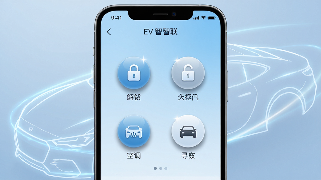 一部智能手机屏幕特写,显示EV智联应用的远程控制界面,界面中分布锁车、解锁、空调、寻车四个圆形图标,背景为淡蓝色渐变,手机周围环绕着汽车轮廓的线条光效,画面风格科技感十足,排版居中突出手机屏幕,细节包括图标阴影、按钮高光、状态文字,画质清晰干净,无多余元素