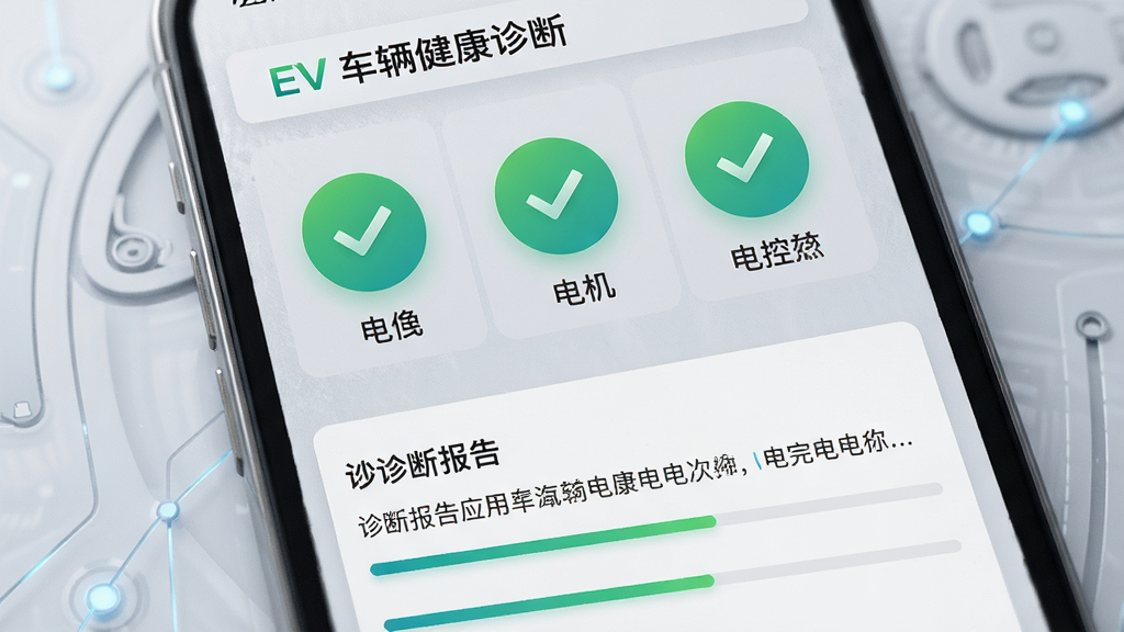 EV智联应用内的车辆健康诊断页面,手机屏幕显示电池、电机、电控三个模块的绿色对勾状态图标,下方有诊断报告文字区域,背景为浅灰色科技纹理,画面风格简洁专业,排版纵向排列,细节包括图标渐变、文字清晰、进度条元素,画质高清干净,无多余元素