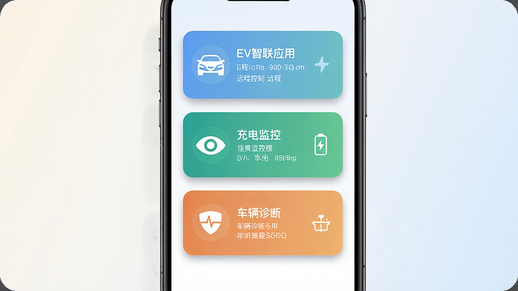 EV智联应用在手机上的操作界面截图,展示远程控制、充电监控、车辆诊断三个功能卡片纵向排列,背景为浅色渐变,画面风格清新简洁,排版以手机屏幕为中心,细节包括卡片阴影、图标配色、文字层级,画质高清干净,无多余元素