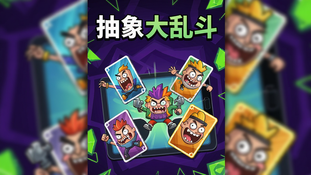 一幅竖版手机游戏宣传图,画面中央是抽象大乱斗游戏的主界面,多位造型夸张、表情搞怪的卡通卡牌角色从屏幕中飞出,色彩鲜艳跳跃,背景为深紫色与霓虹绿交织的抽象几何图案,画面顶部有“抽象大乱斗”五个大字,风格为潮流卡通风,细节丰富,画质高清,干净,无多余元素