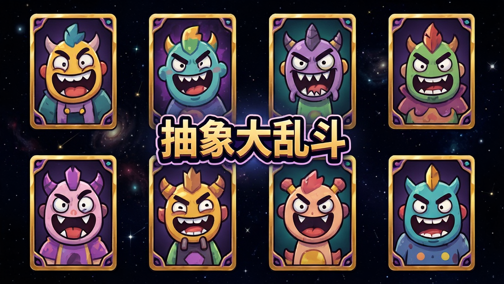 一张卡牌收集界面截图风格的AI生图,画面中整齐排列着九张造型各异的抽象卡通角色卡牌,每张卡牌上都有夸张的表情和独特的配色,卡牌边框为金色与紫色相间,背景为深色星空,画面中央有“抽象大乱斗”游戏Logo,风格为卡牌游戏UI,画质清晰,干净,无多余元素