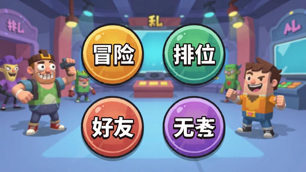 一张游戏模式选择界面生图,画面中有四个圆形模式入口图标,分别标注冒险、排位、好友、无尽,图标风格为抽象卡通,背景为抽象大乱斗的游戏大厅,大厅中有搞怪角色站立,风格为手游UI界面,色彩明快,画质清晰,干净,无多余元素