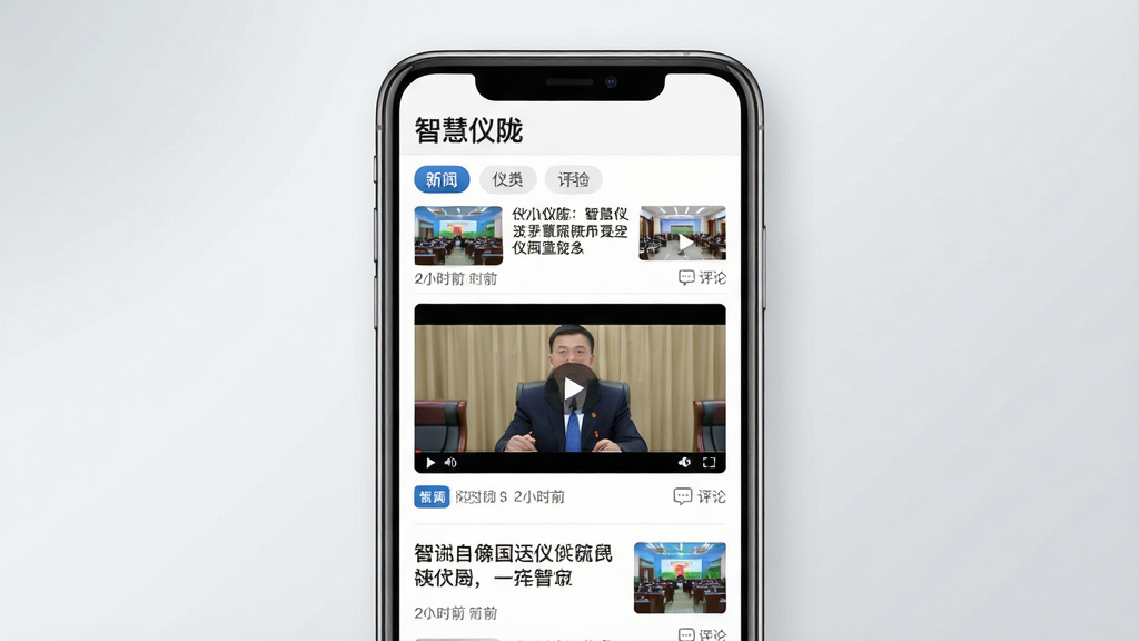 智慧仪陇新闻资讯页面展示,画面主体为手机屏幕内呈现新闻列表与视频播放界面,屏幕上方显示“智慧仪陇”应用名称,列表中包含多条新闻标题与缩略图,其中一条视频新闻正在播放;背景为浅灰色渐变,布局采用上下结构,风格现代简约;细节展示新闻分类标签、时间戳、评论图标;画质清晰,画面干净,无多余元素
