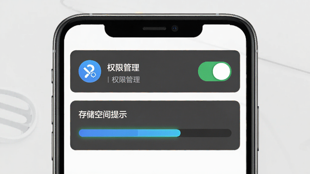 智慧仪陇安装设置界面示意图,画面展示手机屏幕内呈现权限管理页面与存储空间提示,包含开关按钮与进度条;背景为浅灰色,布局采用上下结构,风格简洁实用;细节展示权限图标与文字说明;画质清晰,画面干净无多余元素