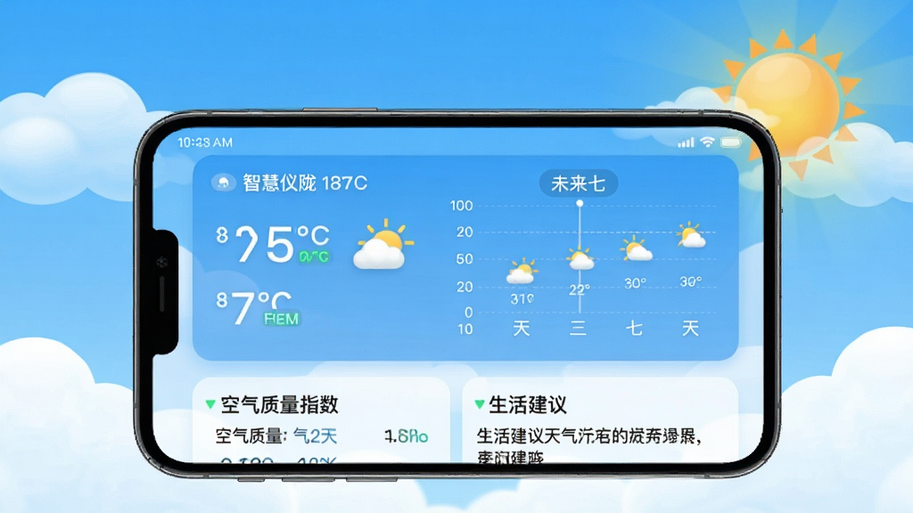 智慧仪陇天气预报界面展示,画面主体为手机屏幕内呈现天气信息卡片,包含温度数字、天气图标、未来七天趋势图;背景为蓝天白云与太阳元素,布局采用上下结构,风格清爽明亮;细节展示空气质量指数与生活建议文字;画质高清,画面干净,无多余元素