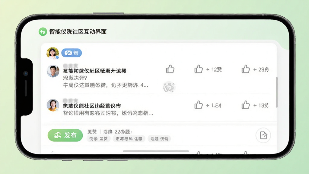 智慧仪陇社区互动界面,画面中央展示手机屏幕内呈现帖子列表与评论区域,包含用户头像、文字内容、点赞图标;背景为浅绿色渐变,布局采用列表式结构,风格温和亲切;细节展示发布按钮与话题标签;画质清晰,画面干净无多余元素
