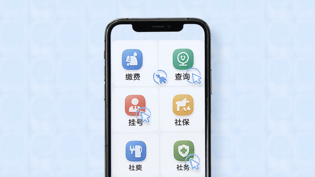 智慧仪陇便民服务功能界面,画面中央展示手机屏幕内呈现服务图标网格,包含缴费、查询、挂号、社保等图标;背景为柔和浅蓝色,布局采用网格排列,风格清新简洁;细节展示图标下方文字标签与点击效果;画质高清,画面干净无杂乱元素
