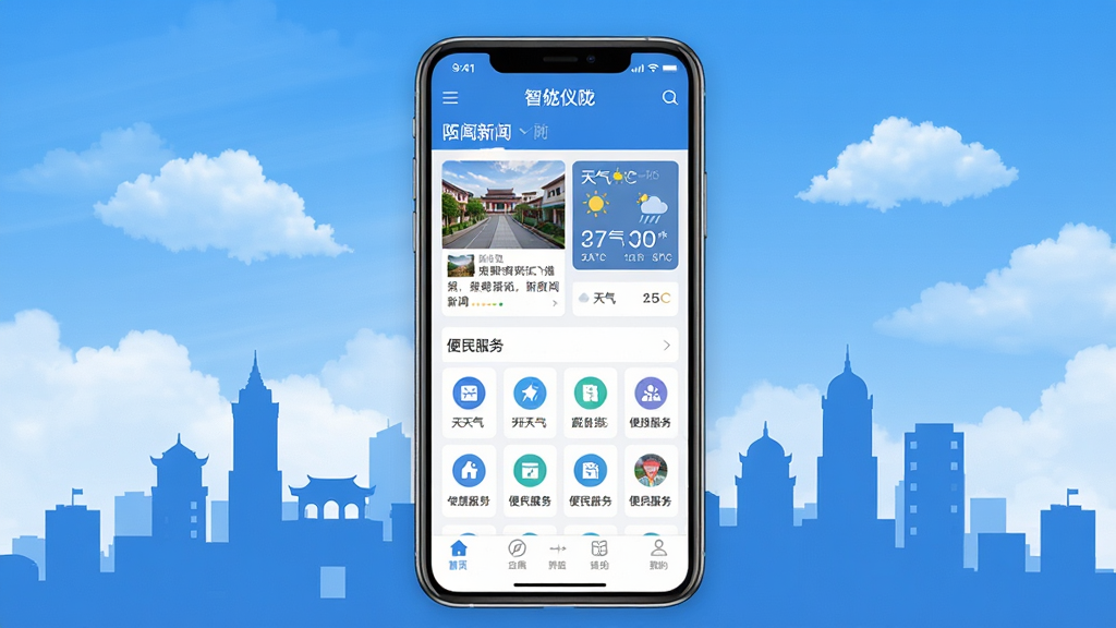 智慧仪陇应用主界面预览图,画面中央展示一部智能手机,手机屏幕内呈现智慧仪陇APP首页布局,包含新闻资讯卡片、天气预报模块、便民服务图标网格;背景为仪陇城市剪影与蓝天白云;整体布局简洁清晰,采用扁平化UI风格,色调以蓝色和白色为主;细节包含新闻缩略图、服务图标、底部导航栏;画质高清,干净整洁,无多余元素