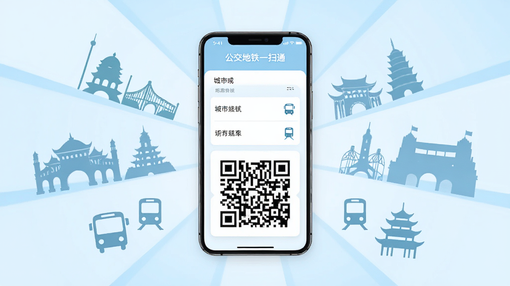一部智能手机位于画面中央,屏幕内展示多个城市名称列表与乘车二维码,背景为淡蓝色渐变,主体为手机与二维码,布局采用中心放射式排版,风格为清爽扁平化设计,细节包含不同城市的标志性建筑剪影、公交与地铁图标,画质高清干净无多余元素,图中文字标注“公交地铁一扫通”