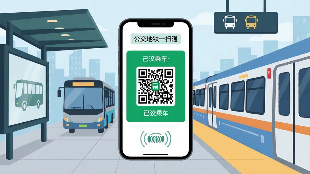 手机屏幕显示公交地铁乘车二维码界面,背景为城市公交站台与地铁车厢,画面中央放置一部智能手机,屏幕内呈现绿色乘车码与线路信息,主体突出手机与二维码,布局居中对称,排版简洁清晰,风格为现代科技感扁平插画,细节包含公交车轮廓、地铁标志、刷卡感应波纹,画质高清干净无多余元素,图中文字标注“公交地铁一扫通”