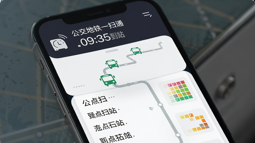 手机屏幕显示实时公交到站信息界面,画面中包含公交车图标沿路线移动、预计到站时间数字、站点列表,主体为手机与信息面板,布局采用上下分层排版,风格为现代简约科技风,细节包含时钟图标、路线轨迹线、拥挤度色块,画质高清干净无多余元素,图中文字标注“公交地铁一扫通”