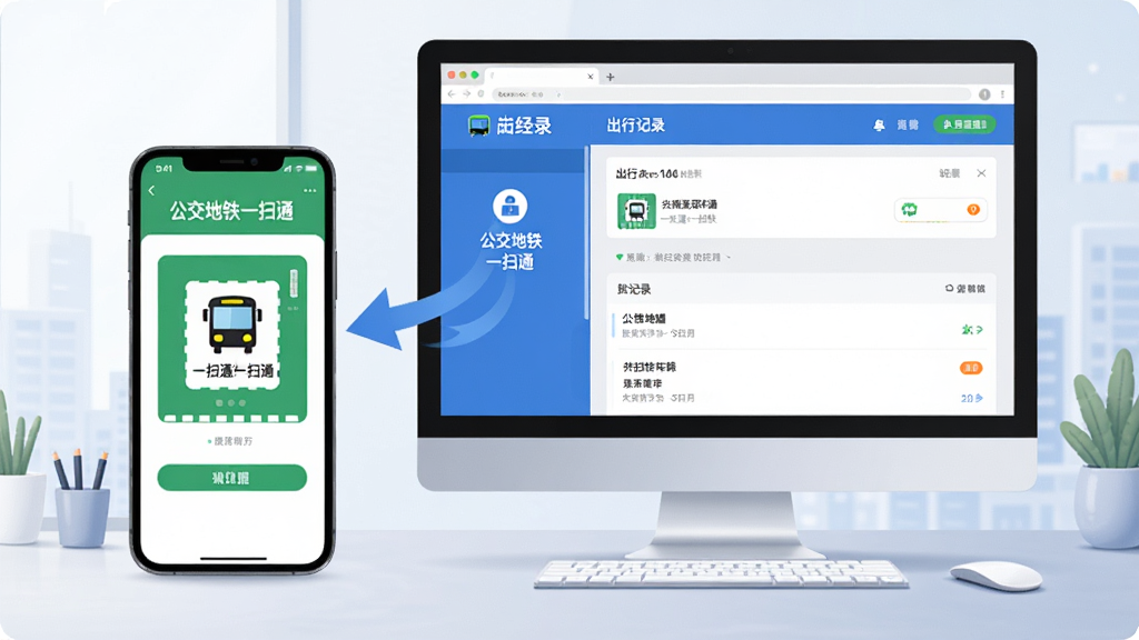 手机与电脑并排展示,手机屏幕显示公交地铁一扫通乘车码界面,电脑屏幕显示出行记录网页版界面,主体为两部设备,布局采用左右对比排版,风格为现代办公场景插画,细节包含数据同步箭头、账号登录图标、乘车码与记录列表,画质高清干净无多余元素,图中文字标注“公交地铁一扫通”