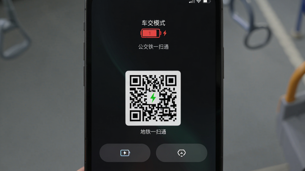手机屏幕显示低电量应急模式界面,画面中手机电量图标显示红色低电量状态,屏幕仅保留乘车二维码与简洁按钮,主体为手机与二维码,布局采用极简居中排版,风格为暗色系节能风,细节包含电池图标、闪电符号、二维码边框,画质高清干净无多余元素,图中文字标注“公交地铁一扫通”