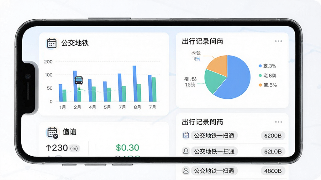 手机屏幕展示出行统计报表界面,包含柱状图、饼图与出行记录列表,主体为手机与数据图表,布局采用卡片式分区排版,风格为商务简约风,细节包含日历图标、费用数字、线路名称标签,画质高清干净无多余元素,图中文字标注“公交地铁一扫通”