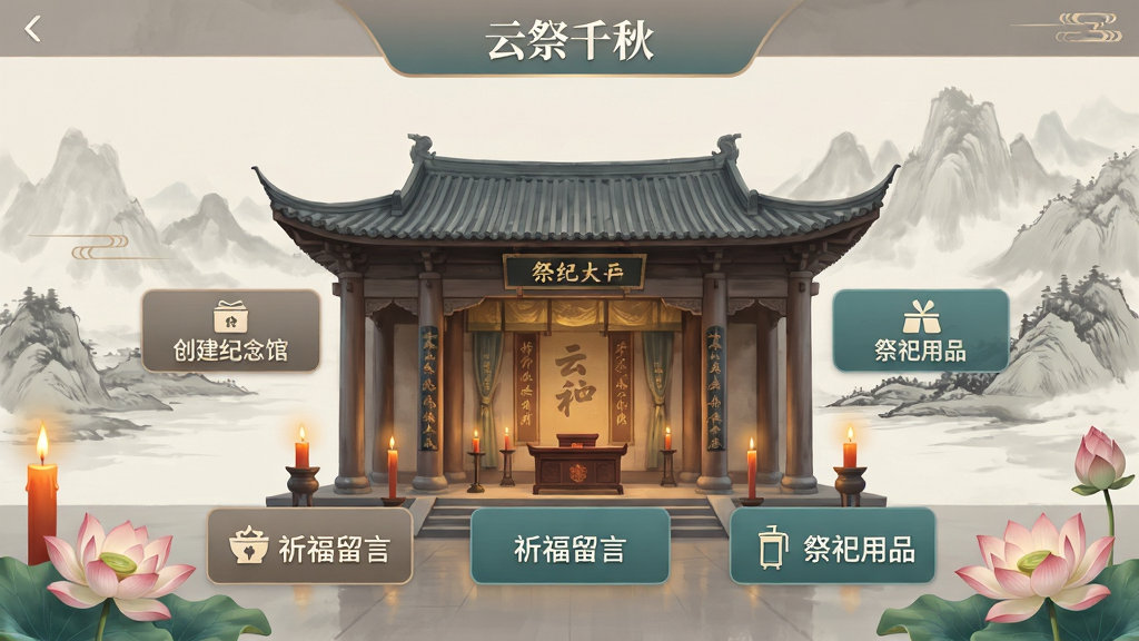 云祭千秋应用主界面展示,画面中央是庄重典雅的云端祭祀大厅,背景为淡雅的水墨山水风格,布局上排布着创建纪念馆、祈福留言、祭祀用品等核心功能入口,排版清晰有序,整体色调以暖灰与青绿为主,细节处点缀烛光与莲花元素,风格肃穆且温馨,画质高清,干净整洁,无多余杂乱元素。
