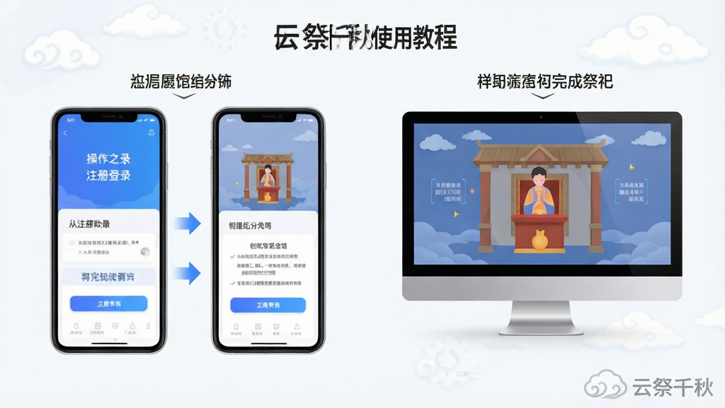 云祭千秋使用教程示意图,画面以手机屏幕为载体,分步骤展示从注册登录到创建纪念馆再到完成祭祀的流程,布局采用左右分栏对比形式,左侧为移动端操作界面,右侧为电脑模拟器界面,排版清晰直观,风格为扁平化科技感,细节包含箭头指引与高亮按钮,画质锐利,干净无冗余元素,图片角落带有“云祭千秋”水印文字。