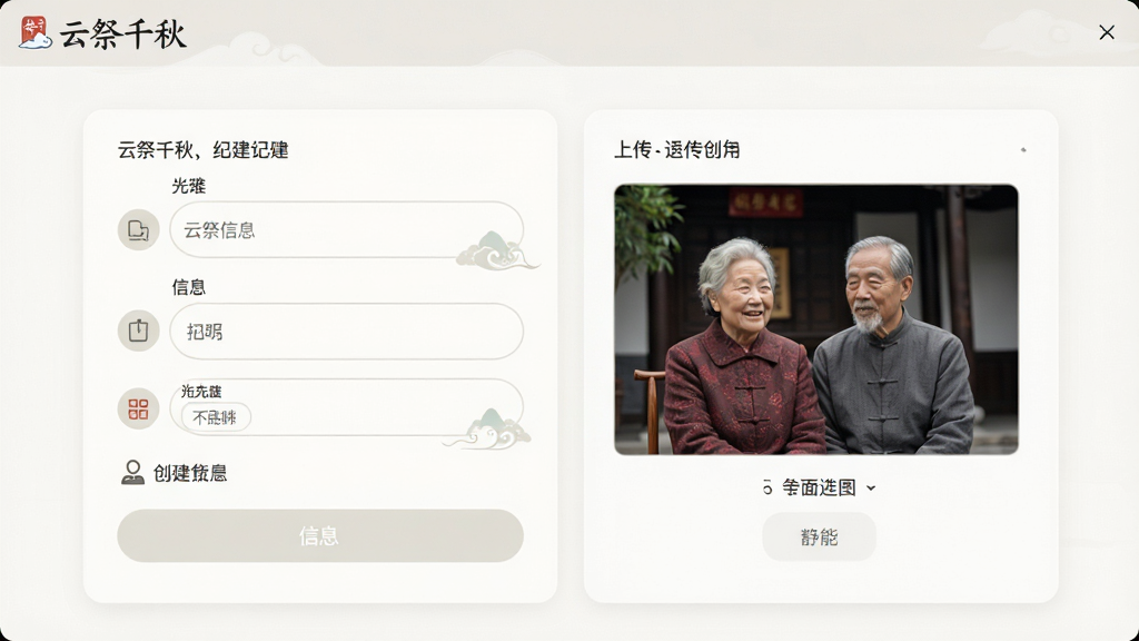 云祭千秋软件功能截图,展示用户正在创建纪念馆的界面,画面主体是填写先人信息的表单与上传照片区域,布局简洁明了,排版采用上下结构,风格为现代简约中式,细节包含柔和的圆角输入框与淡雅的图标,画质清晰,干净无干扰,带软件名称“云祭千秋”字样。