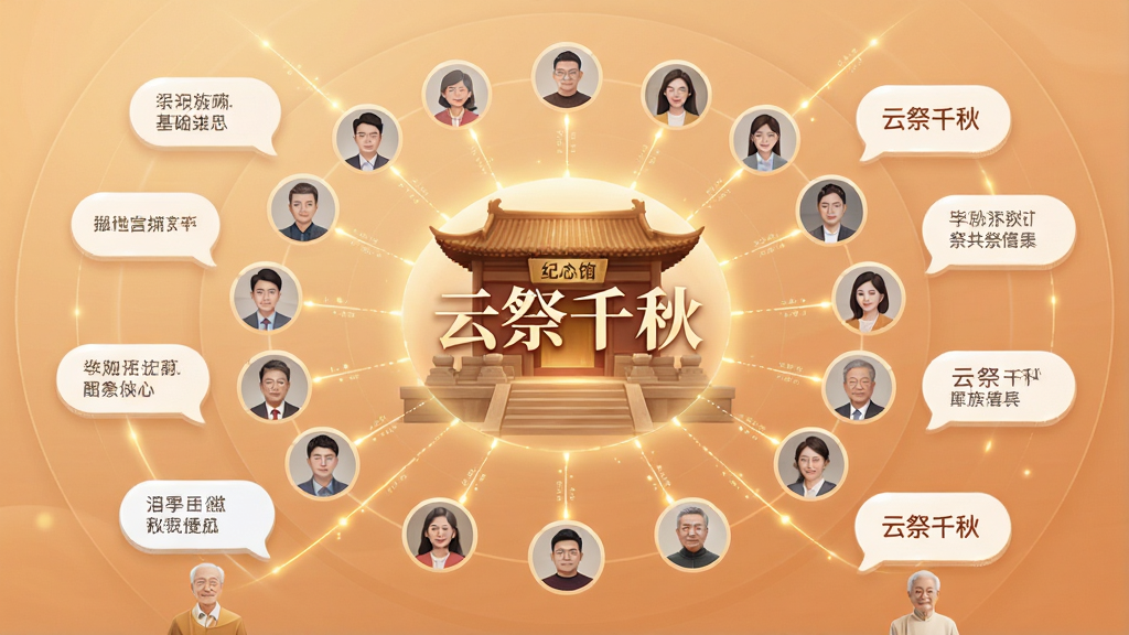 云祭千秋家族共祭功能界面预览,画面展示多个用户头像围绕一个中心纪念馆排列,布局呈圆形辐射状,排版突出互动与连接感,风格温馨现代,细节包含连线光效与留言气泡,画质细腻,干净无杂乱,图片中央带有“云祭千秋”文字标识。