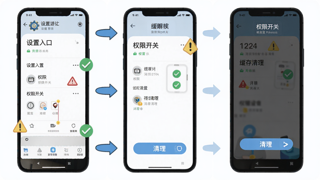 询惑新手使用避坑指南示意图,主体为手机屏幕展示权限设置和缓存清理界面,布局为步骤式截图拼接,排版从上到下依次为设置入口、权限开关、清理按钮,风格为教程类扁平插画,细节包含箭头指引、对勾、警告标志,画质高清,干净,无多余元素