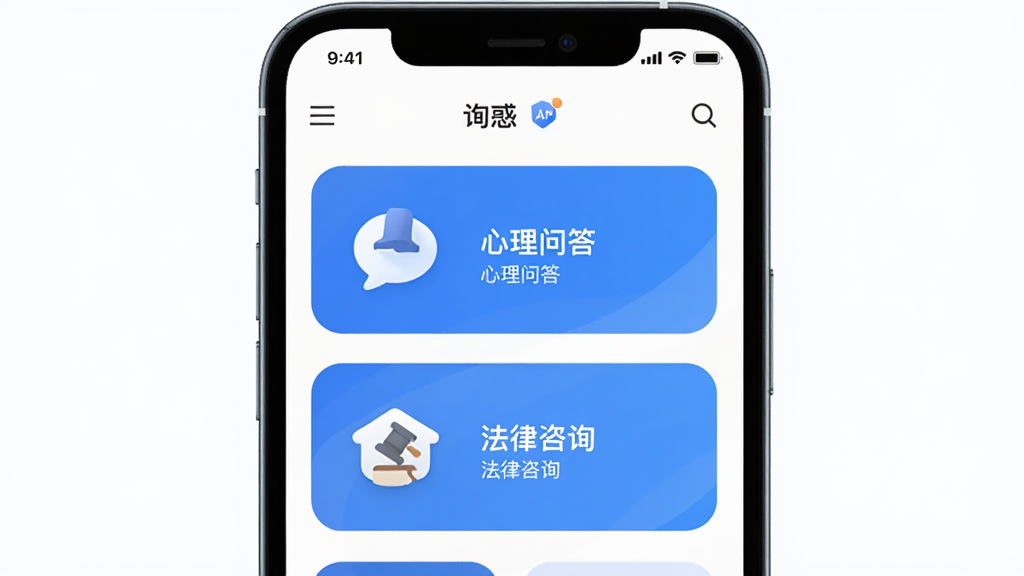 询惑应用主界面展示,主体为一部智能手机,屏幕中显示询惑APP的首页布局,包含心理问答和法律咨询两个主要入口图标,布局简洁清晰,排版采用上下结构,风格为现代扁平化设计,细节上图标圆润、配色以蓝白为主,画质高清,干净,无多余元素
