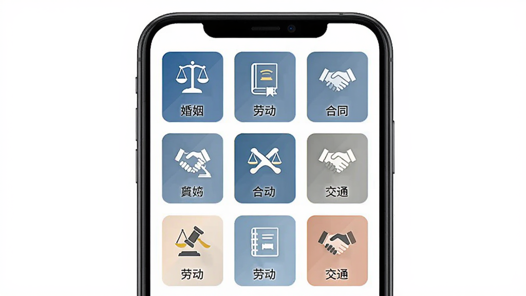 询惑法律咨询页面,主体为手机屏幕显示法律问答分类列表,布局为网格状图标排列,排版包含婚姻、劳动、合同、交通等分类标签,风格为商务简约,细节上使用天平、法典、握手等法律元素图标,画质高清,干净,无多余元素