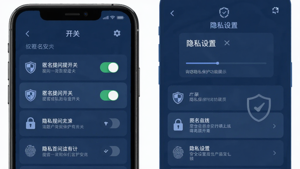 询惑隐私保护功能展示,主体为手机屏幕显示匿名提问开关和隐私设置页面,布局为纵向列表,排版包含开关按钮和说明文字,风格为安全稳重的深蓝色调,细节上有盾牌、锁、指纹等安全图标,画质高清,干净,无多余元素