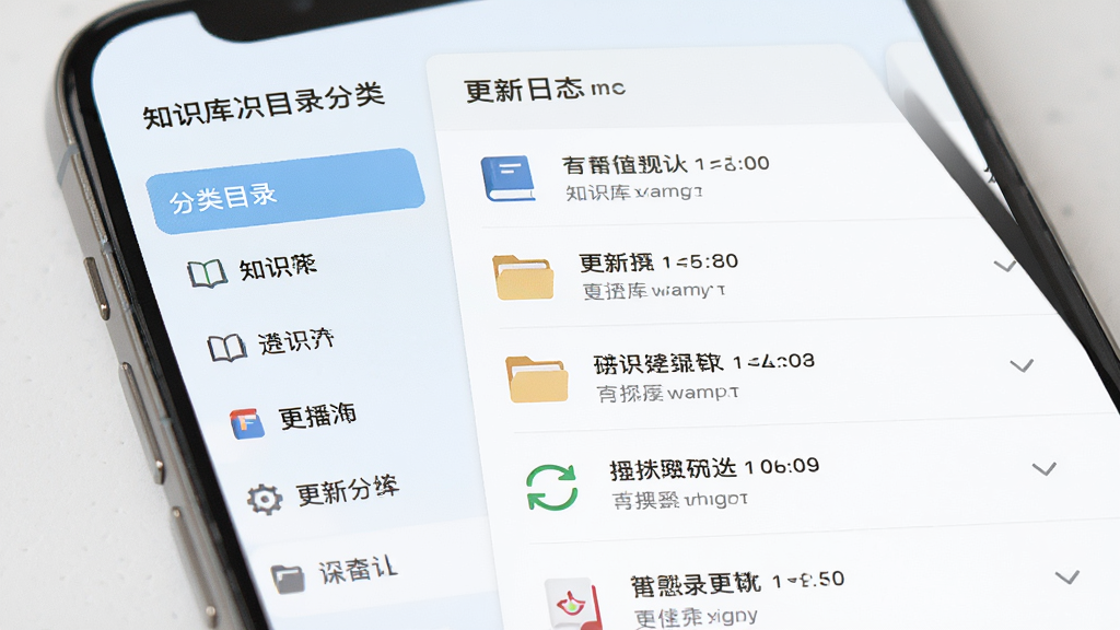 询惑知识库更新界面,主体为手机屏幕展示知识库分类目录和更新日志,布局为左右分栏,左侧为分类导航、右侧为内容列表,排版清晰有序,风格为清新浅色,细节包含书籍、文件夹、刷新箭头等图标,画质高清,干净,无多余元素