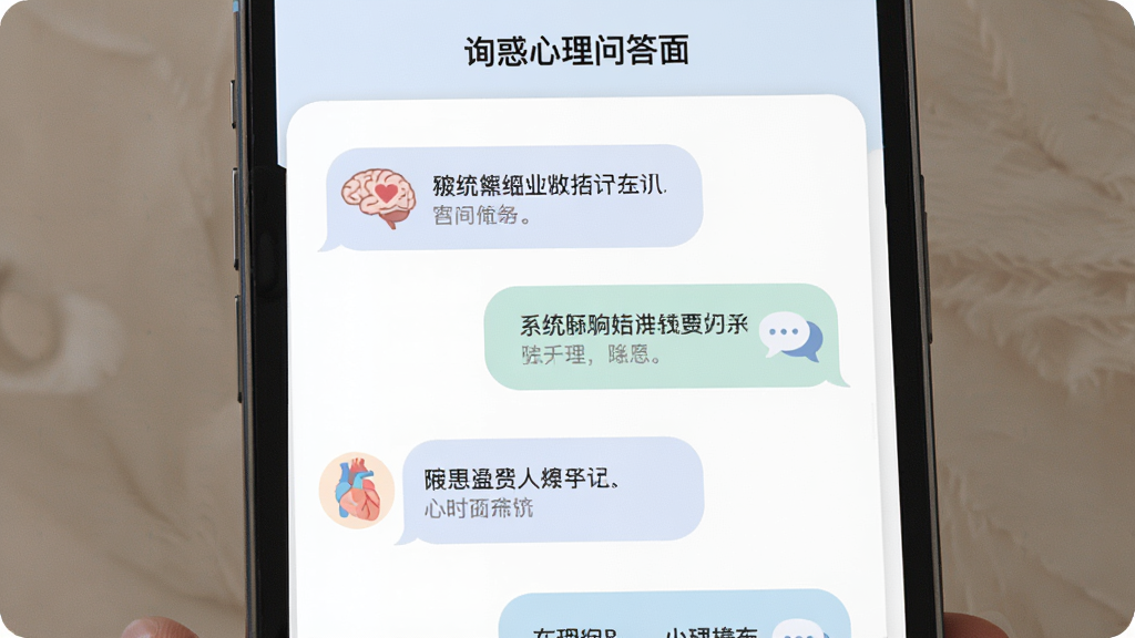 询惑心理问答界面,主体为手机屏幕展示心理问答对话列表,布局为垂直滚动式卡片,排版左侧为用户提问气泡、右侧为系统回复气泡,风格为柔和浅色系,细节包含心理学相关图标如大脑、心形、对话气泡,画质高清,干净,无多余元素