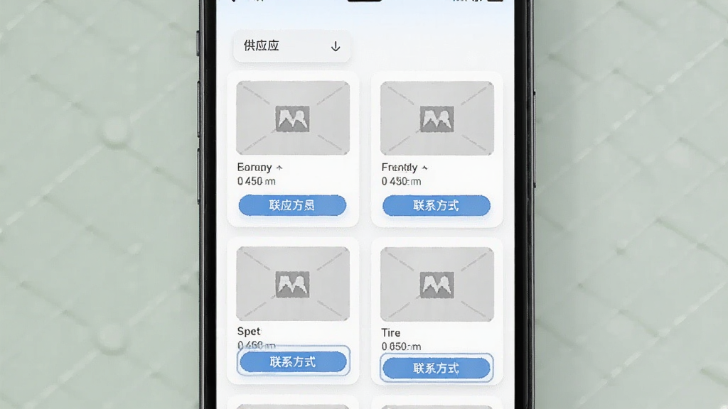 化纤邦供需交易页面生图,主体为手机屏幕展示供应和求购信息卡片,布局为双列网格排版,风格清新浅色,细节有产品图片占位和联系方式按钮,画质清晰,干净,无多余元素