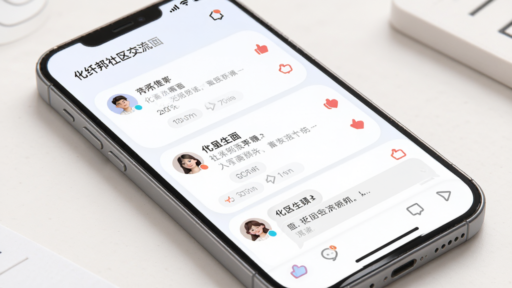 化纤邦社区交流页面生图,主体为手机屏幕显示帖子列表和评论区域,布局为上下结构,风格柔和圆角,细节有用户头像和点赞图标,画质高清,干净,无多余元素
