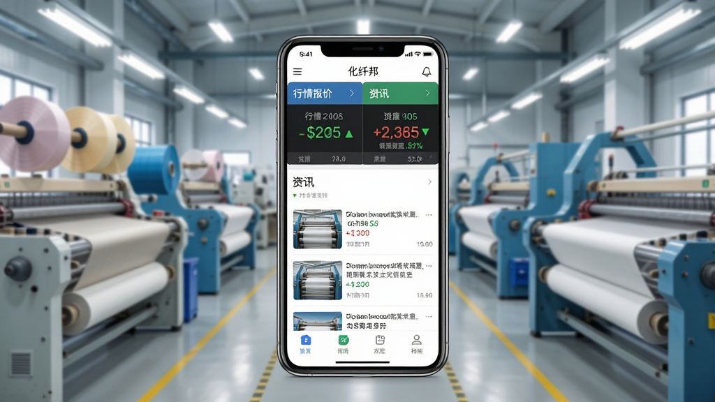 一张展示化纤邦手机应用主界面的场景图,画面中央放置一部智能手机,屏幕显示化纤邦App首页,包含行情报价、资讯列表和功能按钮,背景为现代化纺织工厂车间,有化纤丝卷和织机设备,布局采用居中构图,手机屏幕内容清晰可见,风格为写实科技风,细节包括屏幕上的数字价格跳动和资讯缩略图,画质高清,干净,无多余元素
