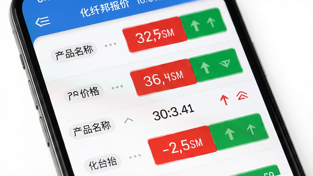 化纤邦App行情报价页面截图风格生图,画面主体为手机屏幕展示化纤原料价格列表,包含产品名称、价格数字和涨跌箭头,布局为纵向列表排版,风格简洁商务,细节有红绿涨跌色块和数据刷新时间,画质清晰,干净,无多余元素