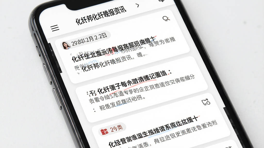 化纤邦化纤晚报资讯页面生图,主体为手机屏幕显示晚报文章列表,包含标题和摘要文字,布局为卡片式信息流,风格现代阅读风,细节有日期标签和分类图标,画质高清,干净,无多余元素