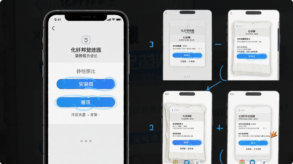 化纤邦App安装教程示意图,主体为手机屏幕显示安装权限设置界面,布局为分步截图排列,风格简洁教程风,细节有高亮按钮和文字说明,画质清晰,干净,无多余元素