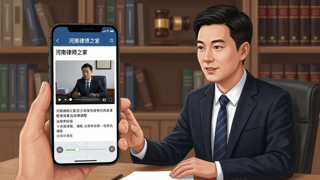 画面主体为一位穿着职业装的律师坐在书桌前用手机观看法律课程视频,手机屏幕显示“河南律师之家”课程播放界面,周围有书架和法典作为背景,布局为人物居中偏左、手机屏幕内容清晰可见,风格为写实插画风,细节包含屏幕上的进度条和课程标题文字,画质高清,干净,无多余元素。