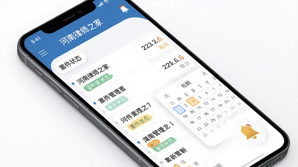 画面主体为手机屏幕展示“河南律师之家”案件管理界面,界面中包含案件列表、日历视图和提醒铃铛图标,布局为手机倾斜45度展示,风格为扁平化商务UI设计,细节包含案件状态标签和日期高亮,画质高清,干净,无多余元素。