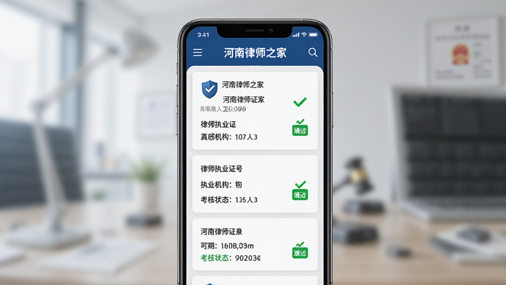 画面主体为手机屏幕显示“河南律师之家”执业信息查询结果页面,页面中展示律师执业证号、执业机构、考核状态等信息卡片,布局为手机居中、卡片式信息排列整齐,风格为简约商务风,细节包含盾牌安全图标和绿色通过标识,画质高清,干净,无多余元素。